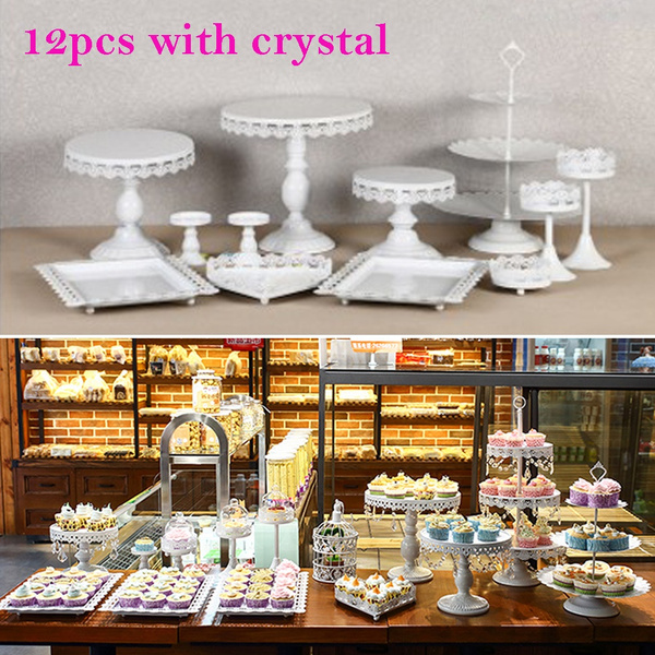 3/6/12Pcs Set Crystal White Metal Cake Holder Cupcake Stand Wedding Party Plates 