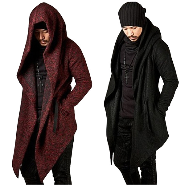 mens long sleeve draped lightweight open front longline hooded cardigan