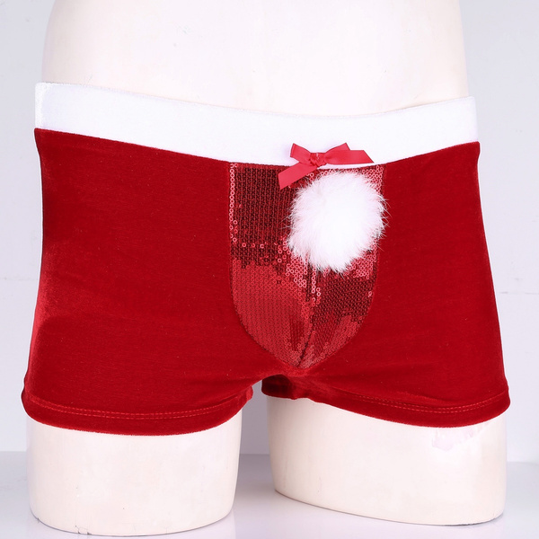 Mens Red Santa Claus Flat Angle Briefs Shorts Pouch Soft Underwear Velvet Lingerie M XL