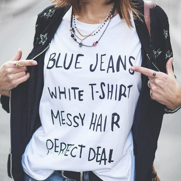 Women's Fashion Blue Jeans White T-shirt Messy Hair Perfect Deal Summer  Clothing Cotton T Shirts | Wish