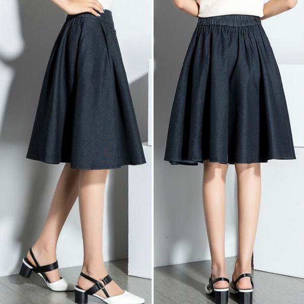 elastic waist denim skirt knee length