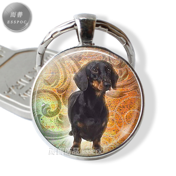 Black Dachshund Dog Key Chains, Dog Lover Glass Pendant, Weiner Dog Silver  Key Ring