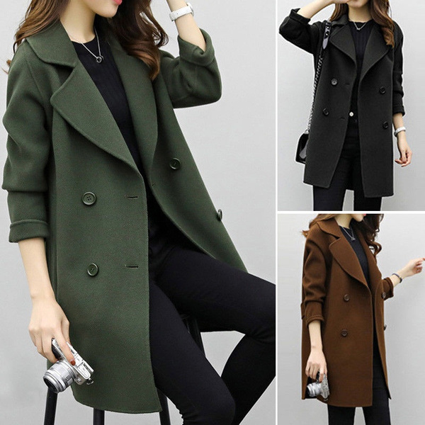 Women Winter Warm Trench Woolen Parka Long Slim Coat Outwear Long Lapel Jacket