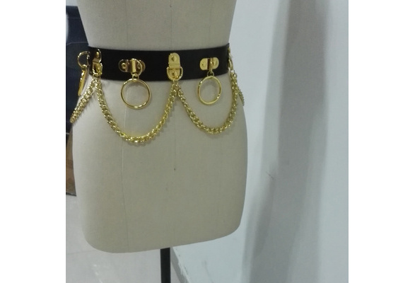 Leather Waist Belt with Gold Link Chain 