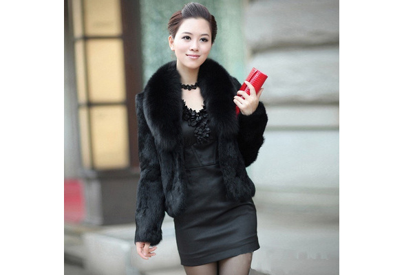 Women Winter Black Fur Coat Long Sleeve 