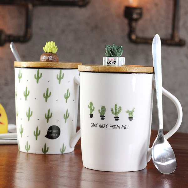 Ceramic mug cactus cute cup with lid and spoon 