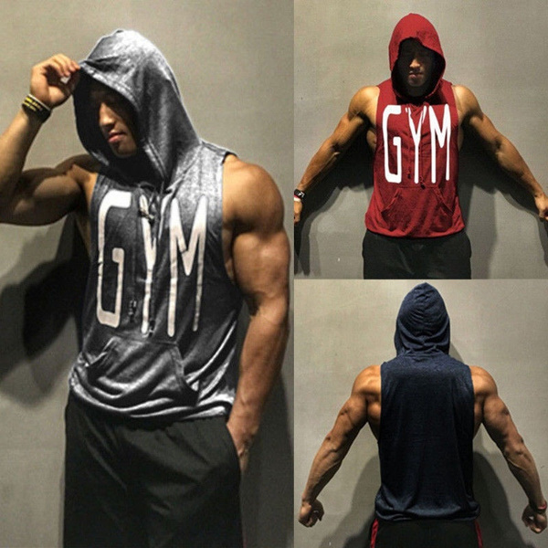 Hot Men Gym Clothing Bodybuilding Stringer Hoodie Tank Top Muscle hooded  Shirt @