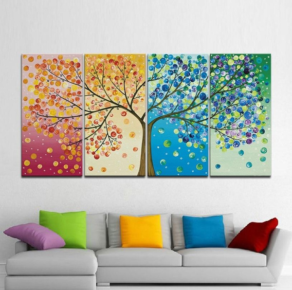 4Pcs Colorful Four Season Tree Wall Canvas Painting Picture Print Home Art 