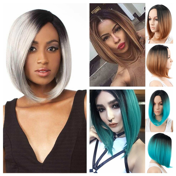 Syntetiskt hår svart till brunt ombre färg kort rak peruker hög temperatur fiber Bob Cosplay peruk för kvinnor Wish