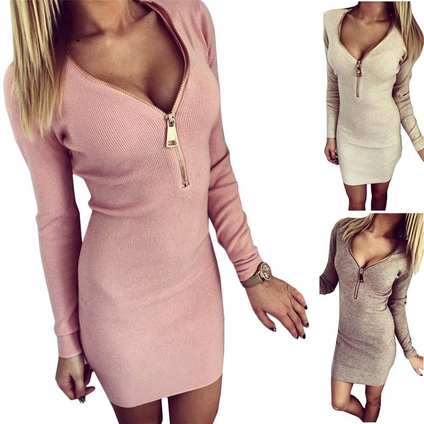 Deep V-neck Tight Tunic Dress Women 
