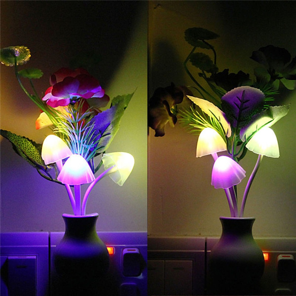 2X Light Sensor Romantic Flower Mushroom LED Night Baby Bed Room Lamp Decor New 