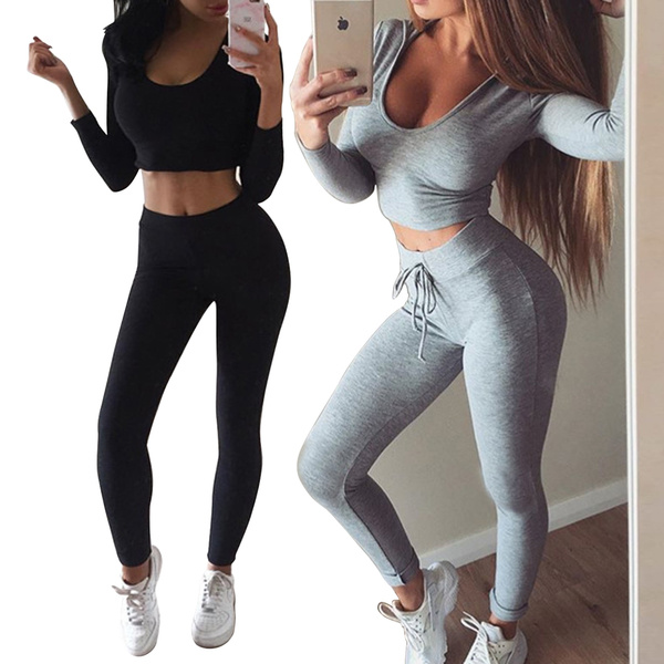 Two Piece Set Womens Outfits Solid Tracksuits Hooded Hoodie Crop Top  Leggings Matching Set Outdoor Jogging Suitcasual wear6006 - AliExpress