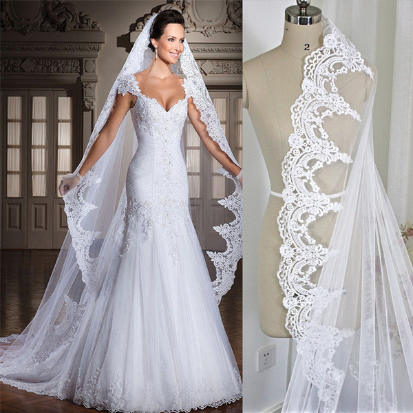 New White/ivory 1T Cathedral Lace Edge Elegant Long Wedding Bridal Veil 