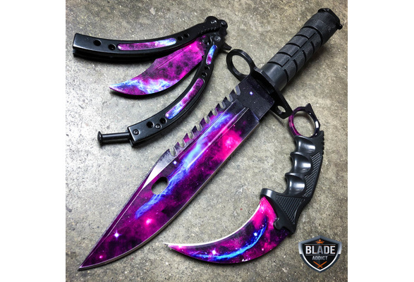 2PC CSGO Black Galaxy Karambit Fixed Blade + Butterfly Balisong Trainer  Knife - MEGAKNIFE
