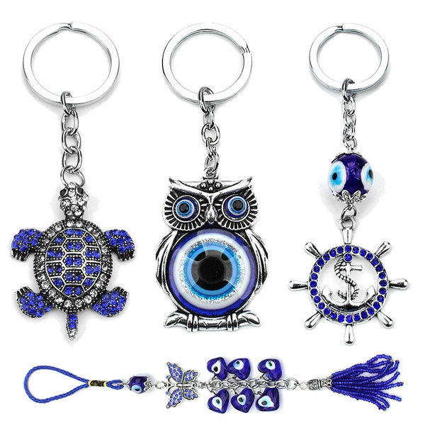 Blue Evil Eye Owl Lucky Crystals Car Key Chain Charm Protection Tassel Hange` 