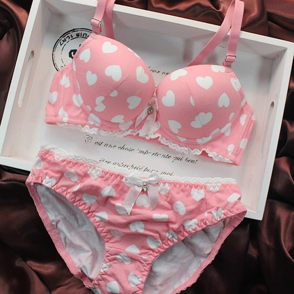 3/4 Cup Cute Pink Heart Women Bra Sweet Girls Shaping Gather Bras 2PCS  Modern underwear suit