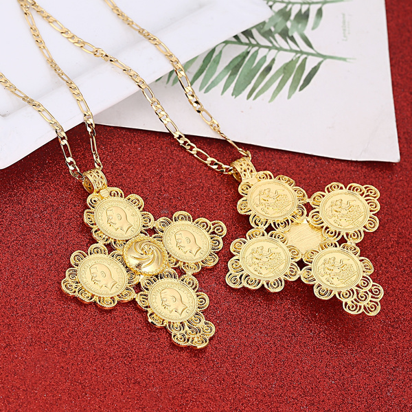 Gold Color Ethiopian Habesha Big Cross Pendant Nec... - Vicedeal