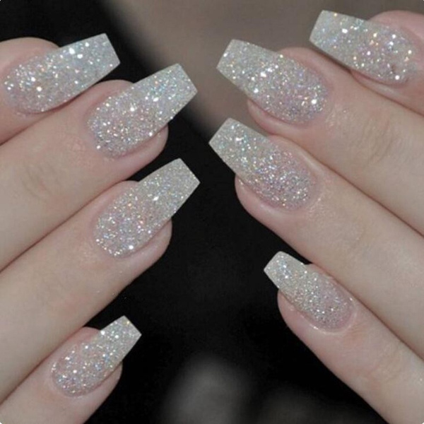 51 White Glitter Nails Looks & Inspirations - POLYVORE - Discover and Shop  Trends in Fashion, O… | Sparkly acrylic nails, White glitter nails, Square  acrylic nails