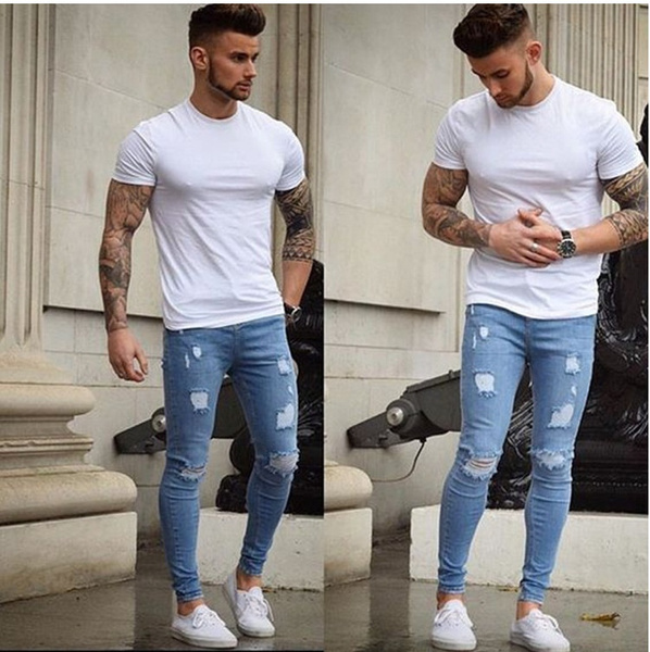 New Fall Men Cultivating Stretch Jeans Hole Pants Trousers Korean Male Models Teen Tight Little Conventional Straight Leg Pants Wish