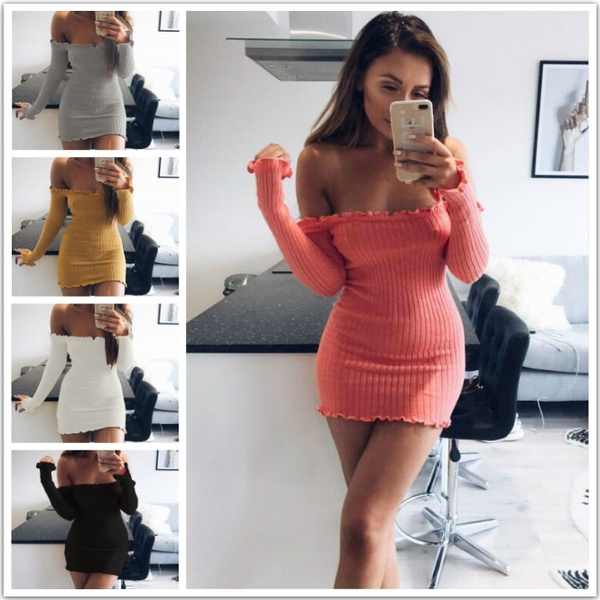 Women's Fashion Sexy Strapless Boat Neck Knitted Dress Lace Solid Color ...