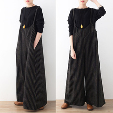 2018 Women's Jumpsuits Fashion Suspenders Striped Casual Loose Wide Leg Pants Long Rompers