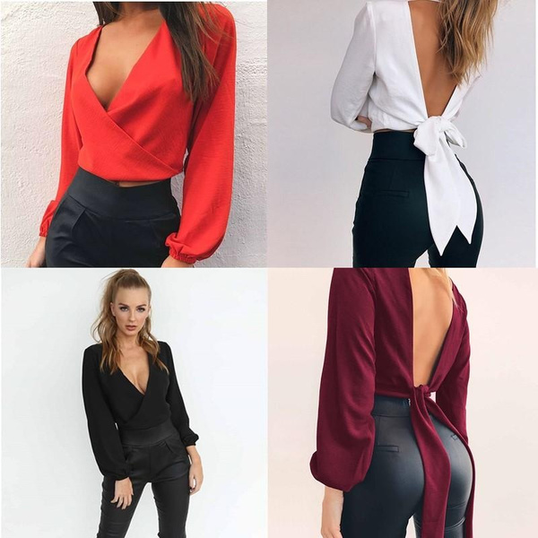 2018 New Women Sexy Casual Back Open Backless Wrap Chiffon Blouse Female Crop Top V Neck Long Bow Shirt | Wish