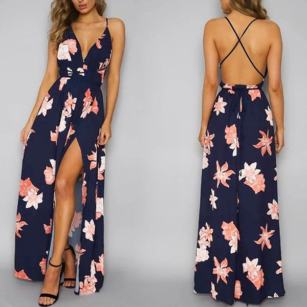 Sexy Women Deep V-neck Backless Chiffon Long Dress Fashion Floral Print  Split Cross Lace Up Maxi Dress Summer Sleeveless Beach Dress | Wish