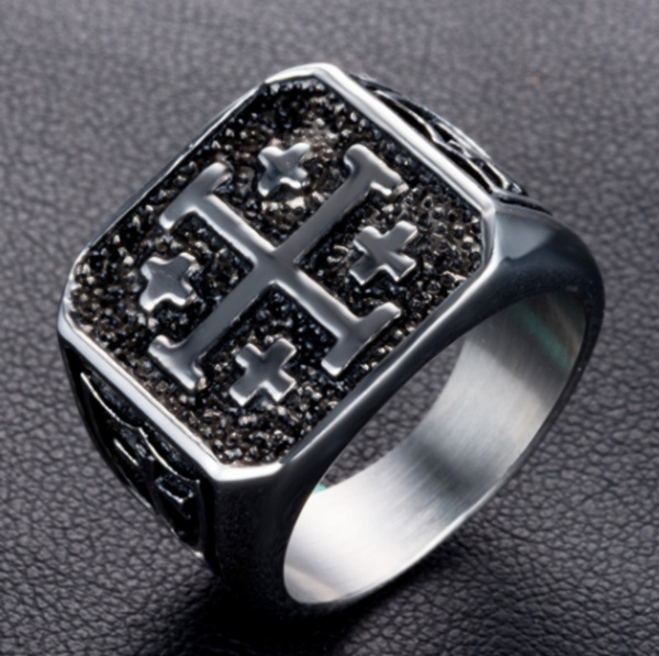Jerusalem Cross Ring Stainless Steel Crusaders Religious Jesus Christ Medieval Knight Templar Military Middle Age Wish
