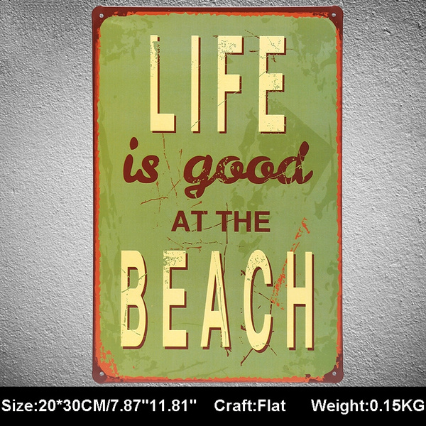 Vintage AT THE BEACH Poster Metal Plate Rusted Retro Tin Sign Man Cave