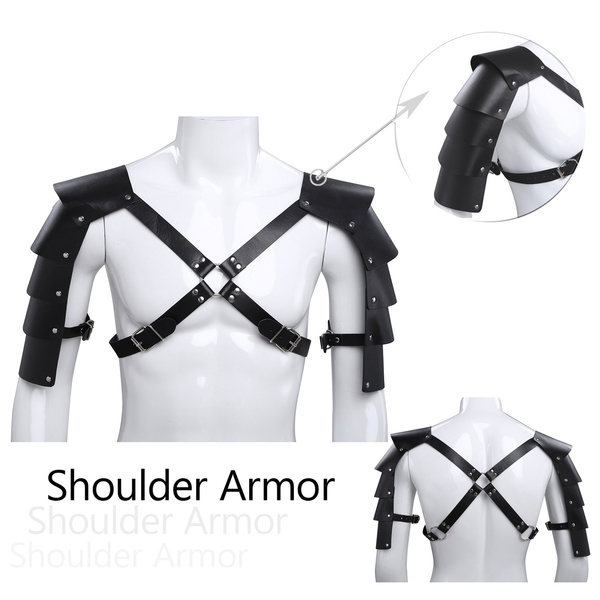 Mens Faux Leather Body Chest Harness Costume with Shoulder Armors Adjustable Buckles 