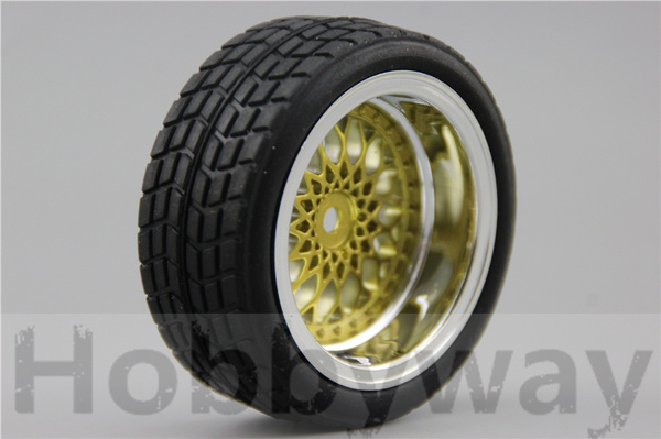 4pcs 1/10 RC Soft Rubber Touring Car Tire Tyre Wheel Rim Gold 10043+21013 