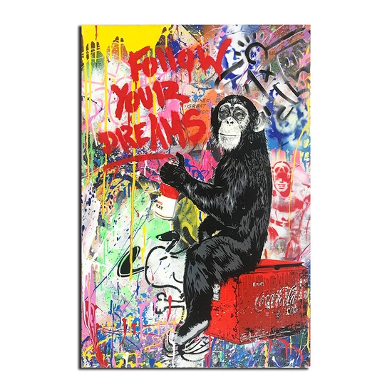 Banksy Chimpanzee Drawing Follow your Dreams Paint Print On Framed Canvas Art 