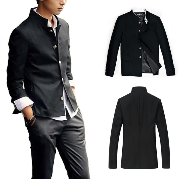 Men Single Breasted Mandarin Collar Jacket Blazer School Uniform Slim Fit  Tunic Suit Top Coat