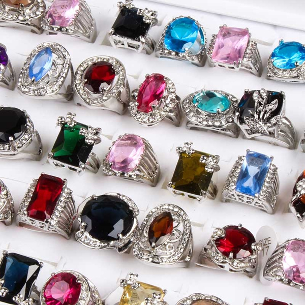 Wholesale 25pcs Bulk Mixed lots Styles Assorted huge big diamond Gemstone  Silver zircon Rings (Color: Multicolor) | Wish