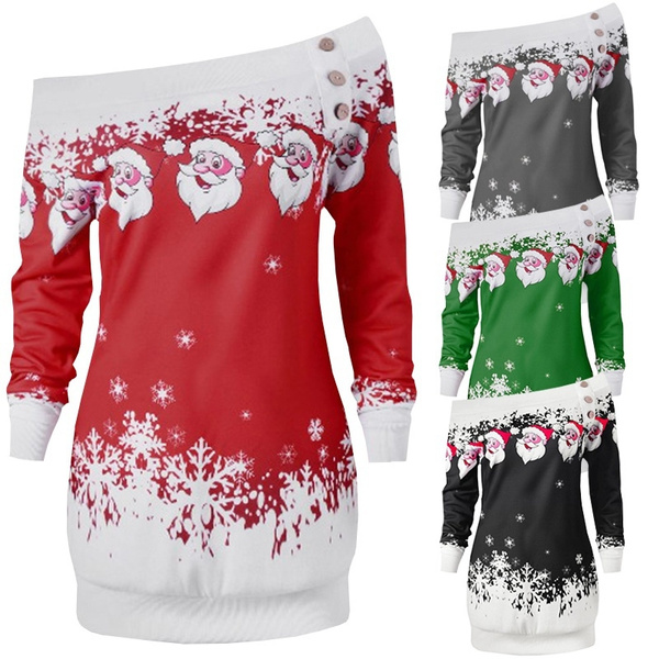 Skew neck santa claus 2024 snowflake pullover christmas sweatshirt