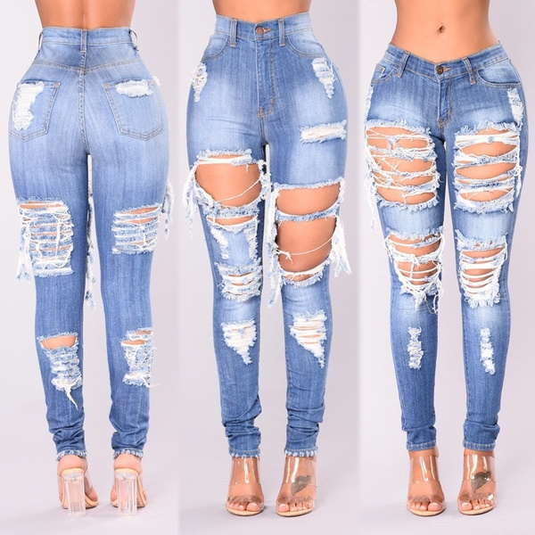 high waisted shredded jeans