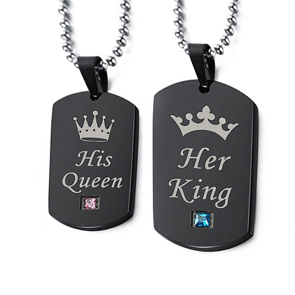 Davitu Her King & His Queen Couple Necklaces Crown Tag Pendant Stainless Steel Triple Circle Necklace Metal Color: engrave Inside Male 