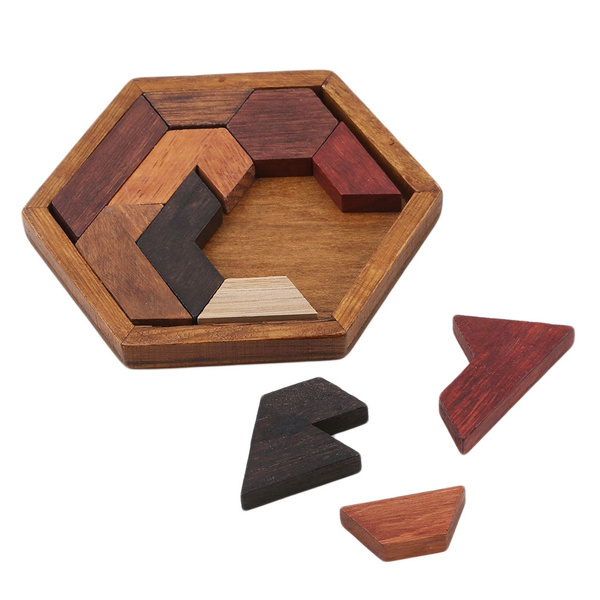 Kids Wooden Puzzle Hexagon Geometric Shape Wood Board Tangram Jigsaw kids Toys 
