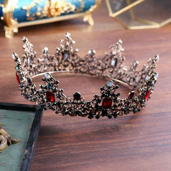 Luxury Black Crystal Queen Gold Crown Wedding Bridal Party Pageant Prom 5" Wide 