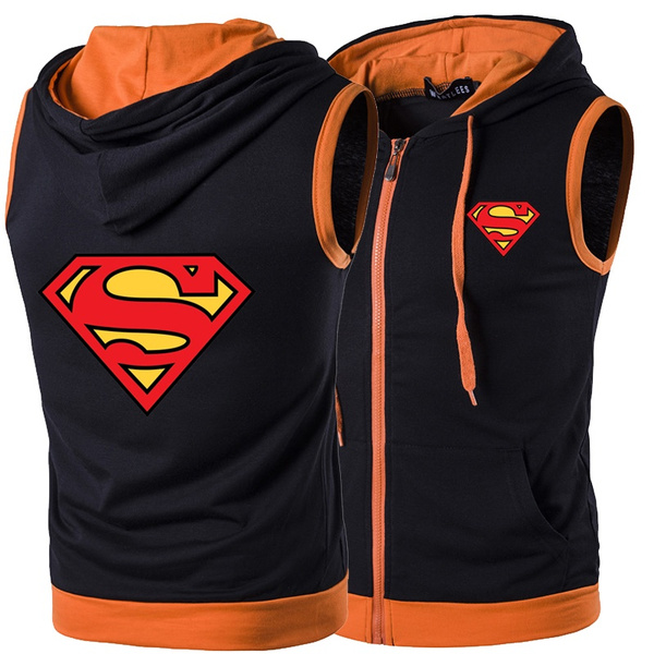 Fashion Brand Superman Hooded Men Hip Hop Outwear Sleeveless Waistcoat Zippers Male Jacket Slim Fit Cardigans Fashion Man Vests