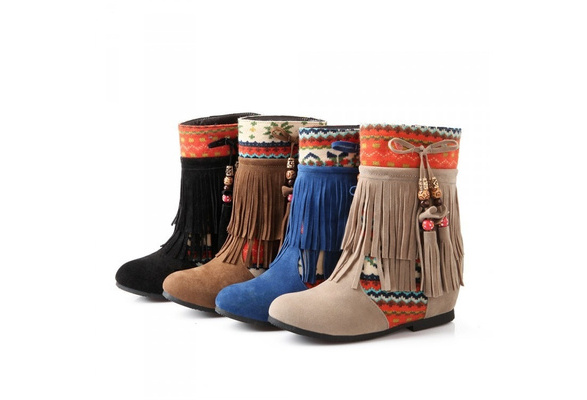 Details about   Women's Flock Feather Short Boots Indian Style Retro Fringe Boots Tassels YHU18