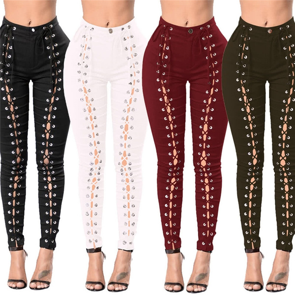 Women Front Lace Up Pants Hollow Out 