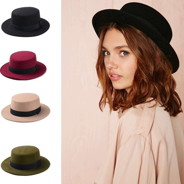 Techecho Pork Pie Hat Panama Style Boater Flat Top Hat for Womens Felt Wide Brim Fedora Hat Laday Prok Pie Hat Ladies Color : Red, Size : 56-58CM