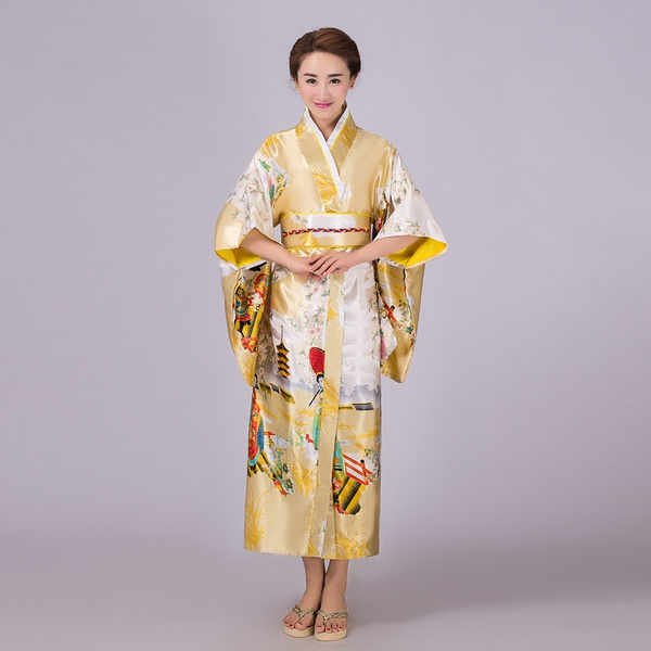 Japanese Kimono Vintage Yukata Haori Costume Retro Geisha Dress Obi Cosplay Gown 