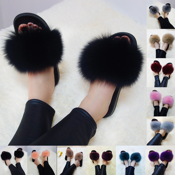 Women's Fur Flat Shoes Fluffy Flip Flop 
