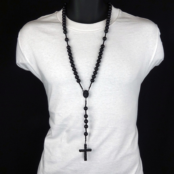 Men's Black Beaded Cross Necklace