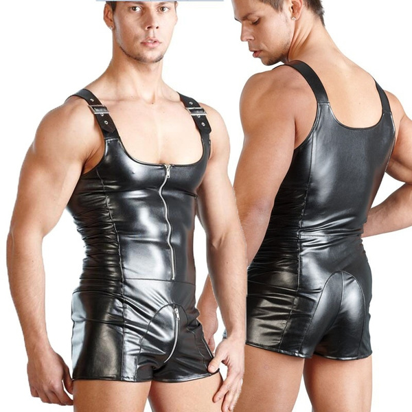 Men PU Leather Bondage Bodysuit Fetish Gay Male Clubwear Catsuit Front  Zipper Jockstrap Lingerie M-XXL | Wish