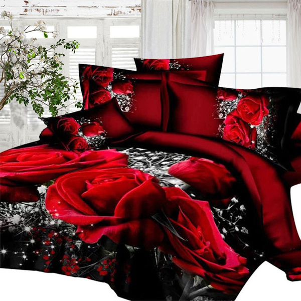 3d Oil Painting Red Rose Bedding Set Queen King Size Comforter Bag Duvet Cover Wish Comforter Bag Duvet Cover Set, Queen Size Bedding In A Bag