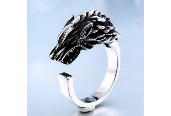 BAVAHA Stainless Steel Game Thrones Ice Wolf House Stark of Winterfell Biker Animal Ring Fashion Jewelry