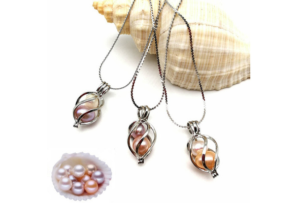 1PCS Natural Pearl Necklace Oyster Pearl Cage Pendant Necklace 925